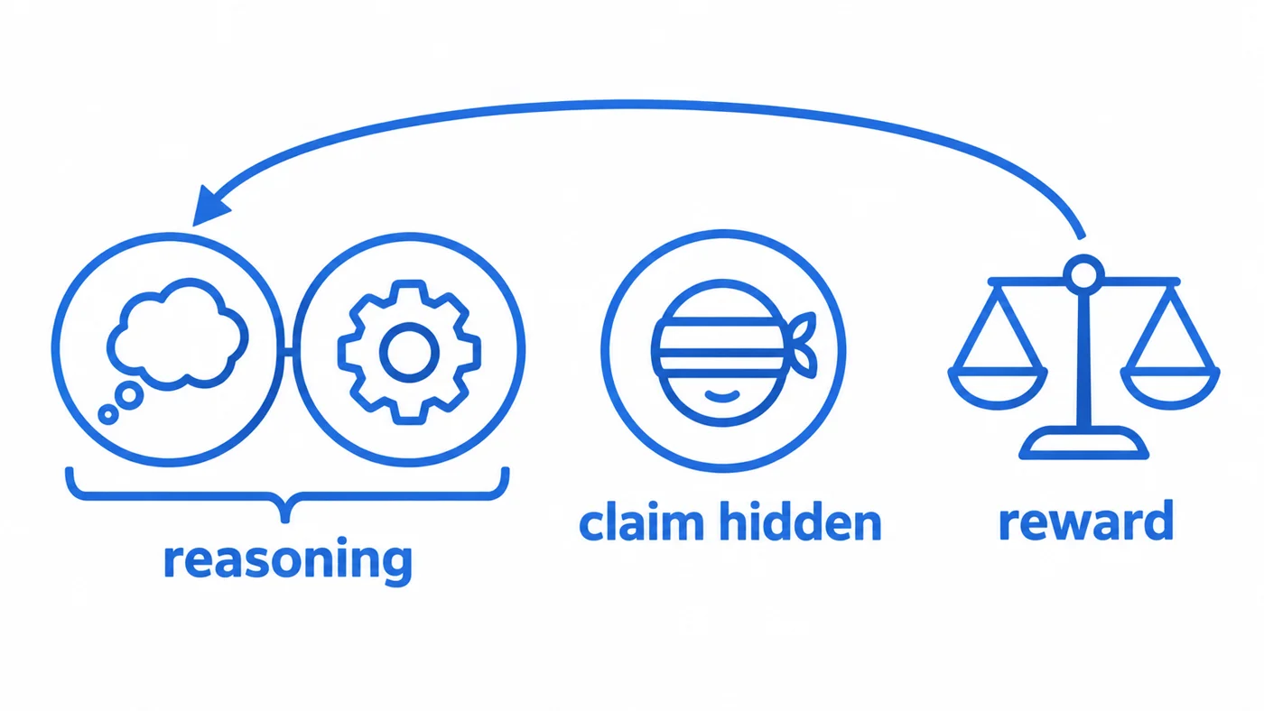 Schematic: a reward signal scores reasoning while the final claim is hidden
