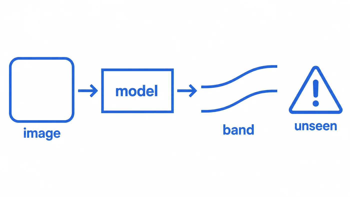 Schematic: a diagnostic model reports a confidence band and flags unseen inputs